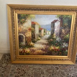 27x31”   Landscape Hand Painted Oil Painting ,  Ornate Gold Frame 