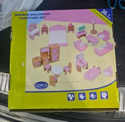 Wood Dollhouse Furniture Set 22pc Pink/Beige/White