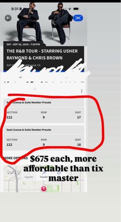 R&B Chris brown Usher - 122 row 9 seat 17-18
