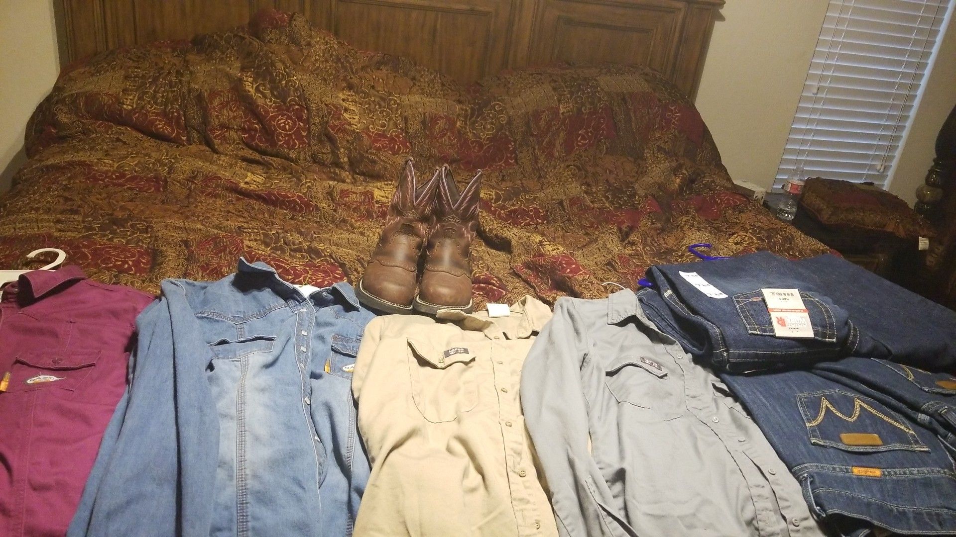 4 shirts ,4 pants ,and 1 pair of boots Womens FR clothes and boots look at photos for sizes and brand......... boots size 8-1/2