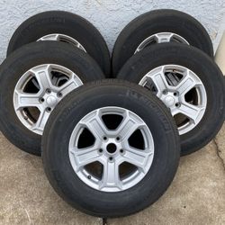 Jeep Wrangler Wheels and Michelin LTX M/S2 Tires.  Came off a 2018 Jeep Wrangler   Tire size 245/75/17  Four tires have approx 6/32 tread left, light 