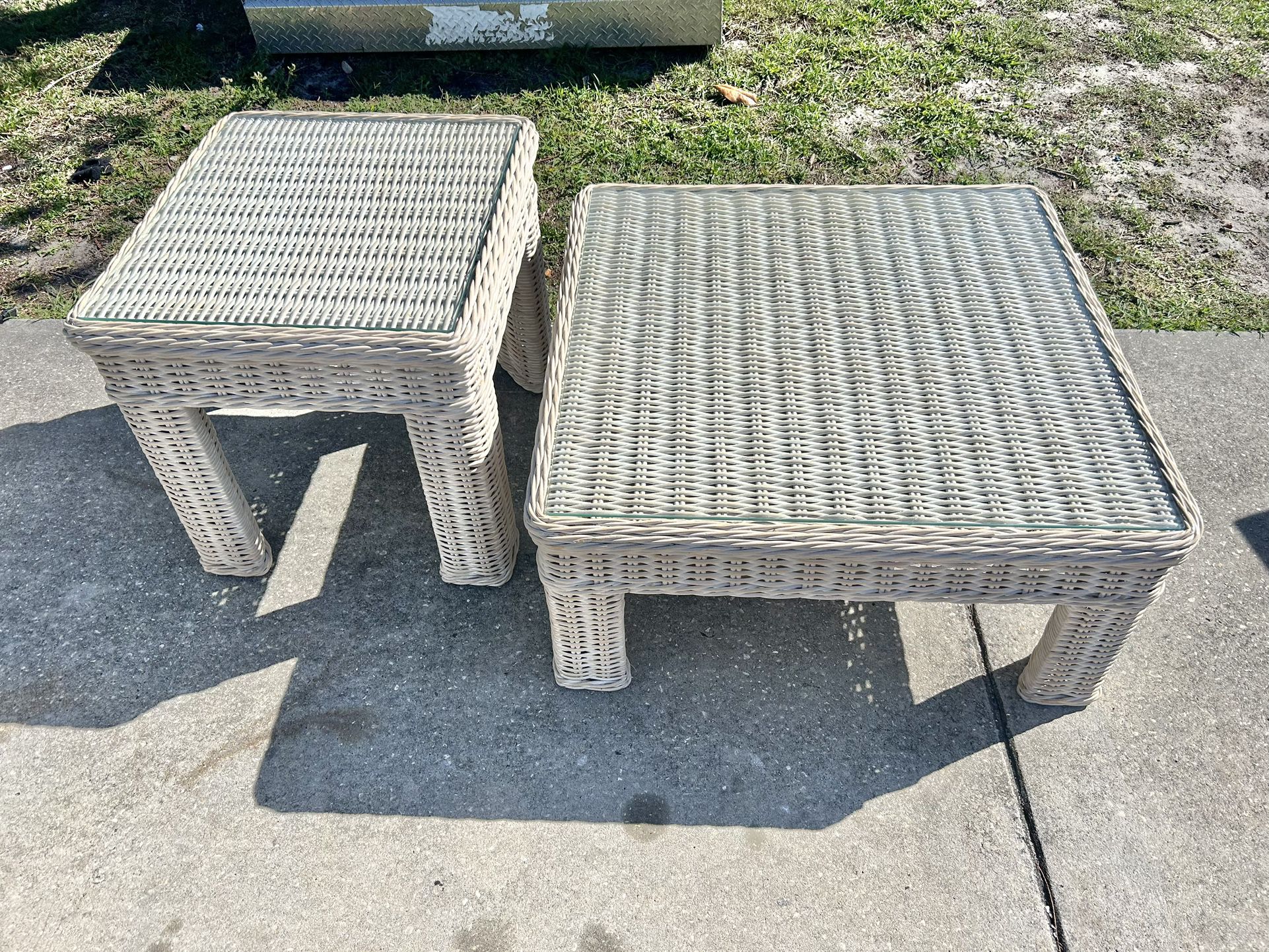 Wicker Coffee And End Table With Glass Tops 