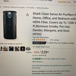 Shark Clean Sense Air Purifier with HEPA Filter up to 1200 Sq Ft