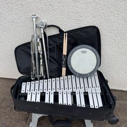 CB XYLOPHONE BELL KIT W/ STAND, PRACTICE DRUM, MALLETS, ROLLING CASE!