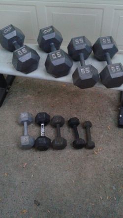 65 lb ,55 lb dumbells &bench plus assorted dumbells