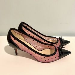 Christian Louboutin Pink Lace Black Patent Leather Kitten Heels 