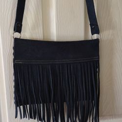 Western Wear Denim Blue Fringe Leather Purse 