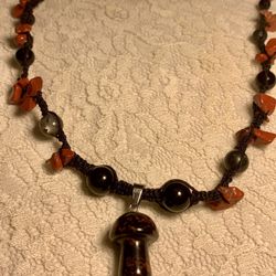 20” Handcrafted Jasper and Onyx Mushroom Macramé Necklace