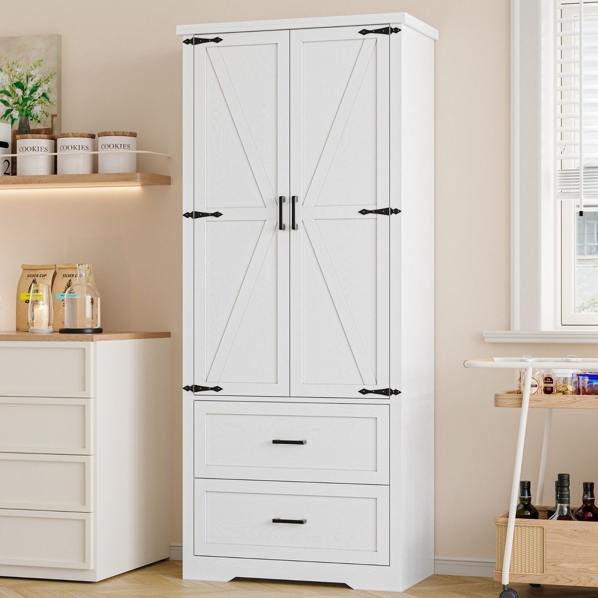 Pantry Organizers and Storage Cabinet, 71” Barn Door White Kitchen Cabinet with Drawers and Adjustable Shelf,Tall Pantry Cabinet
