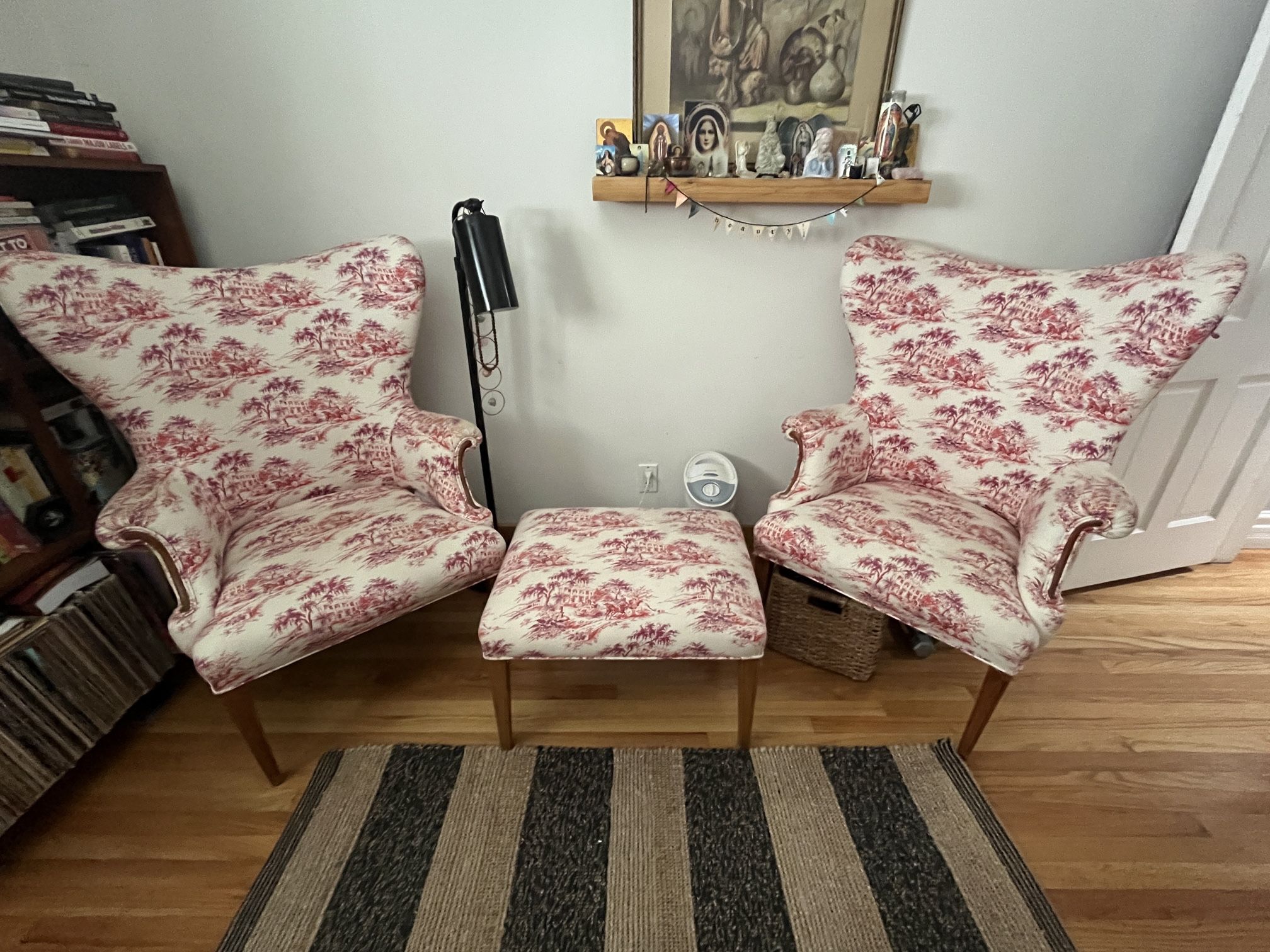 Pair Of Vintage Wingback Armchair With Ottoman 