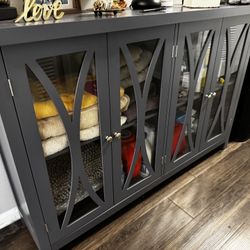 Sideboard, Buffet Cabinet with 4 Tempered Glass Doors, Arc Pattern and Adjustable Storage Shelf, Credenza, Gray