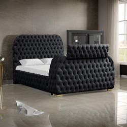 NEW QUEEN AND KING LUX BED WITH TV STAND LED FIREPLACE BLUETOOTH SPEAKERS WITH MATTRESS AND FREE DELIVERY- FINANCING AVAILABLE 