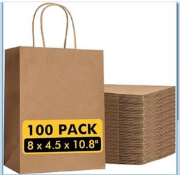 100 Pack Kraft Paper Bags with Handles 8" × 4.5" × 10.8"