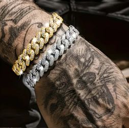 2-Pcs Iced Out 14K White/Yellow Gold Plated Cubic Zirconia Silver & Gold Maimi Cuban Chain Bracelets