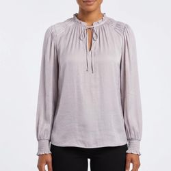 Rachel Roy Lavender Ruffle Tie Neck Blouse Smocked Cuff Long Sleeve Top XS 