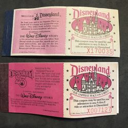 DISNEYLAND VINTAGE, RARE COLLECTABLE, 5 ANY RIDE, RIDE COUPONS TICKET BOOK, TWO COMPLETE BOOKS