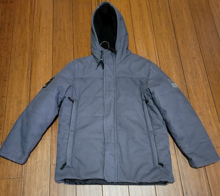 https://offerup.com/redirect/?o=VS5TLkFSTVk= / US ARMY mens gray winter Sherpa Hooded 3/4 Quilted Warm Canvas Coat Sz M / L 