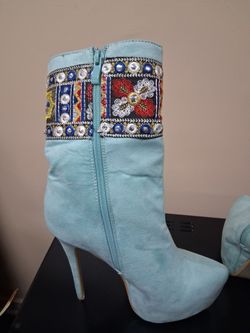 Light Blue Suede Embellished Stiletto Ankle Boots