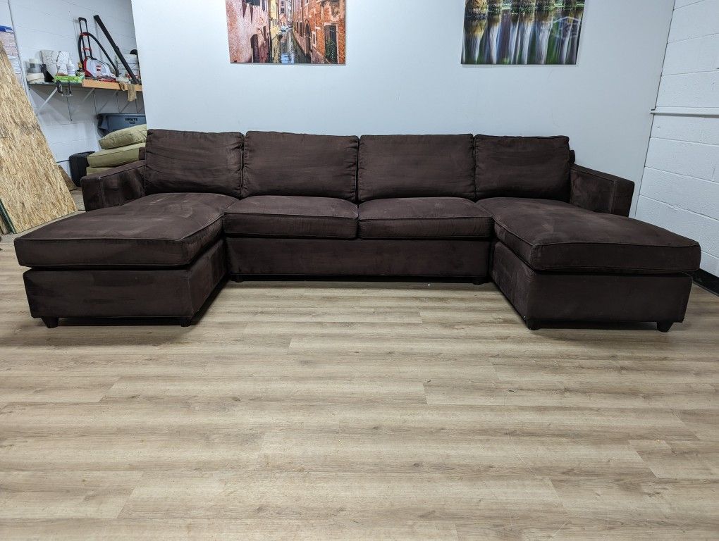 Dark Brown Microsuede Crate and Barrel Sectional with Pullout for Sale
