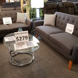 Brand New Ash Black Linen Mid Century Modern Sofa + Loveseat 2PCs Set