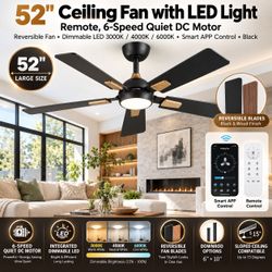 52" ceiling fan black. LED LIGHT.. remote and smart .