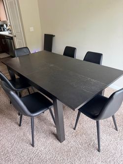 Large 76 Inch Extendable Dining Table + 6 Black Leather Chairs