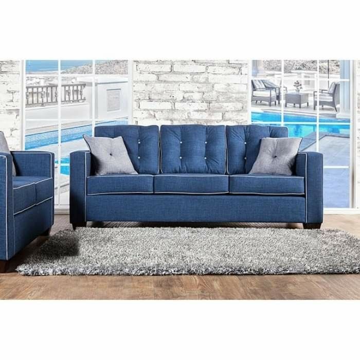 BLUE FABRIC MADE IN THE USA Button Tufted Back SOFA Box-Sheet Cushion High-Density Foam Cushions