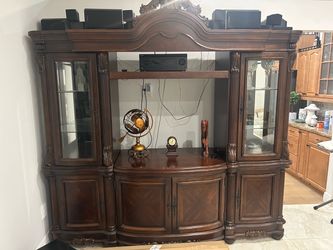 Large Ornate Wood Entertainment Center Wall Unit