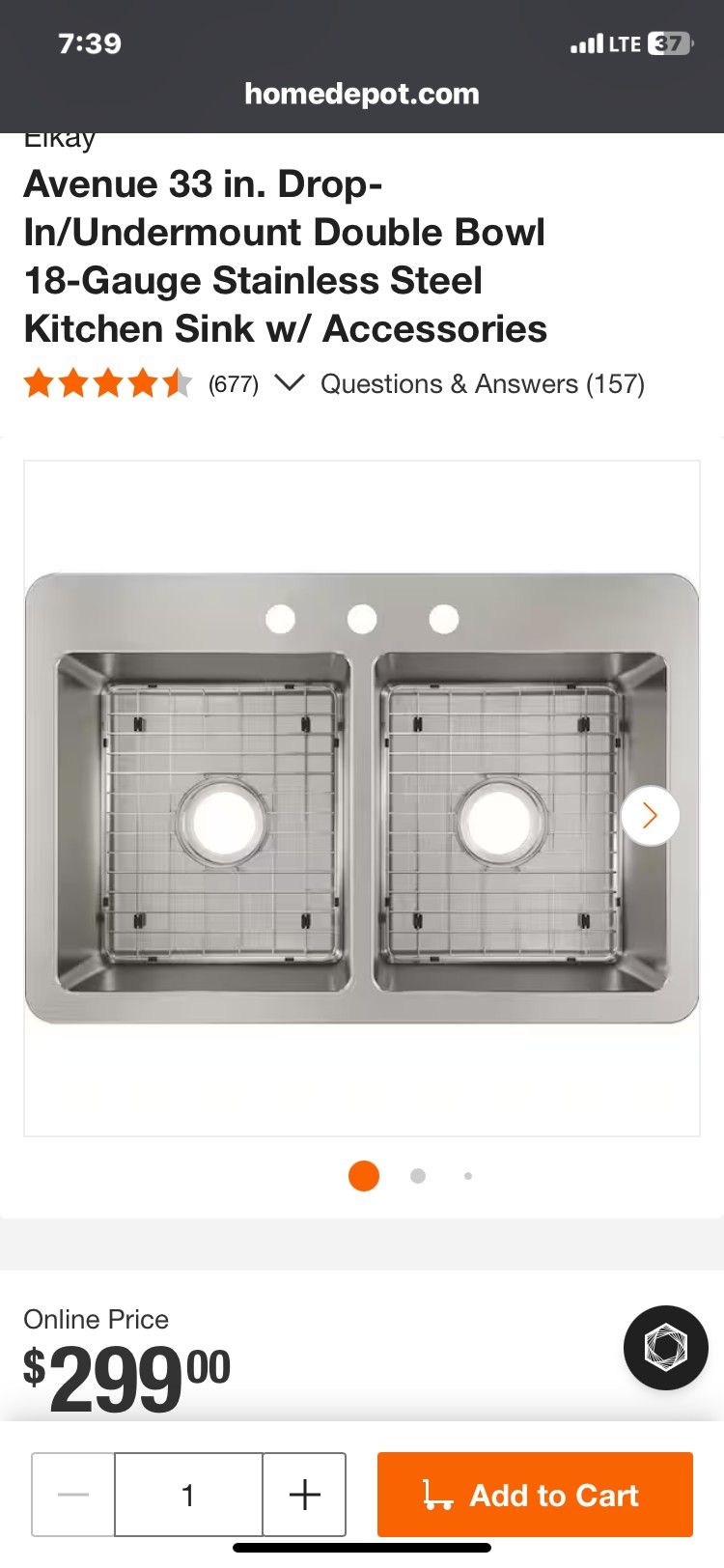 33" Elkay Drop In Sink- Sink Only