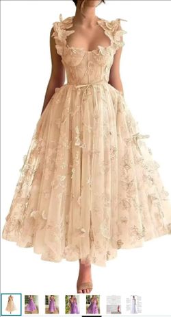 Champagne Butterfly Tulle Midi Dress