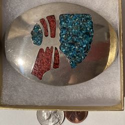 Vintage Belt Buckle Silver And Turquoise Weighs 6 Ounces 