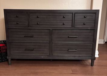 Macys grey dresser, Amazon bed frame, Walmart black chests