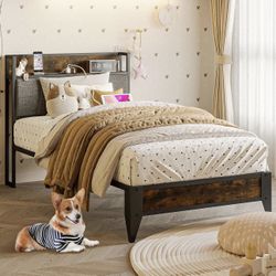 Twin Size Bed Frame and Headboard with Charging Station, Twin Bed Frame with Storage, Heavy Duty Steel Support, No Box Spring Needed, Squeak Resistant