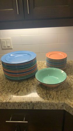 Fiesta Ware like plates, Set of 14 dinner and salad, 2 serving bowls
