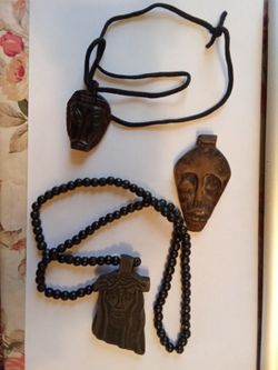 3 African Art Wood Carvings One Ebony One Necklace Black Genuine