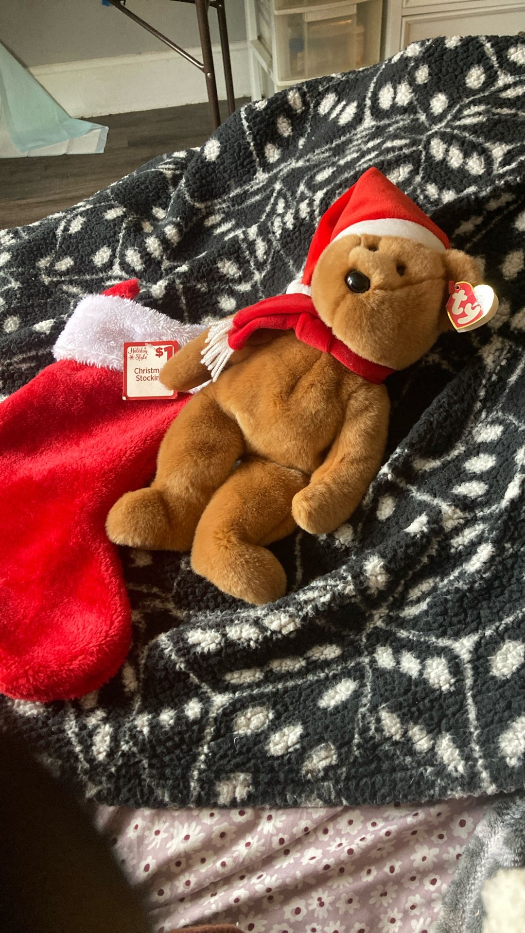 Vintage Christmas Teddy Ty Beanie 