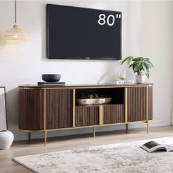 70" Fluted TV Stand, Modern Chic Entertainment Center for TVs Up to 80 inches, TV Console with Faux Marble Top, Curved Profile Design, Media Console f