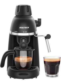 SOWTECH Coffee Machine, 3.5 Bar Espresso Cappuccino Machine with Milk Frother, 1-4 Cup Portable Coffee Maker for Latte, Cappuccino, 800W, Black