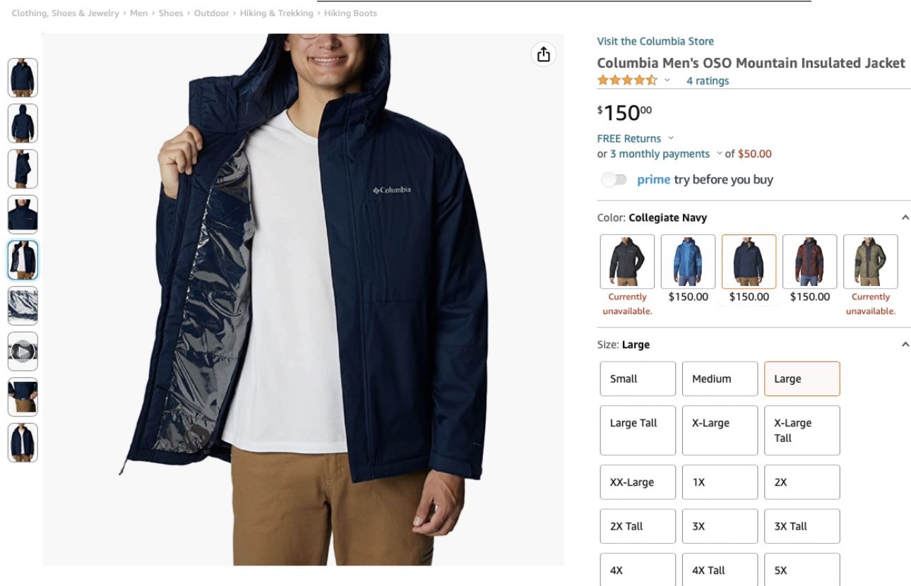 Columbia Men's Oso Mountain Insulated Rain Jacket new- size L
