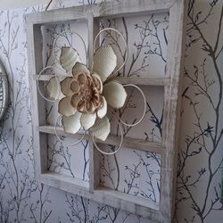 White Wood. Metal Flower. 