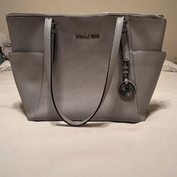 Michael Kors Charlotte Signature Leather Large Top Zip Tote Handbag Bag (Pearl Grey)