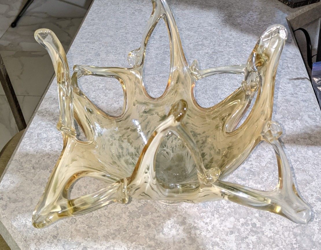 Murano Style Art Glass Stretched Lace Dish Amber Champagne Color 10 1/2