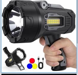 Foco recargable,  lúmenes, proyector súper brillante, linterna LED de mano con 3 lentes de color y soporte plegable, luz de punto de larga dura