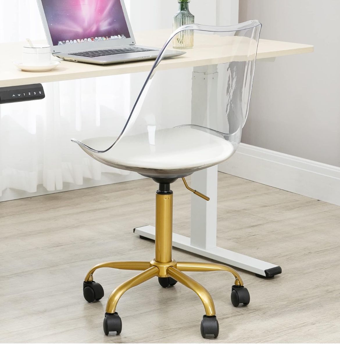 Clear Desk Chair with Cushion, Armless Acrylic Rolling Chair with