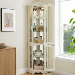 Lighted 3-Side Glass Display Curio Cabinet w/ Tempered Glass Doors and Shelves, Curved Wood Corner Cabinet with Bulb, Corner Storage Rack