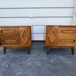 Pair of Young Manufacturing Mid Century Burlwood and Sculpted Walnut Nightstands