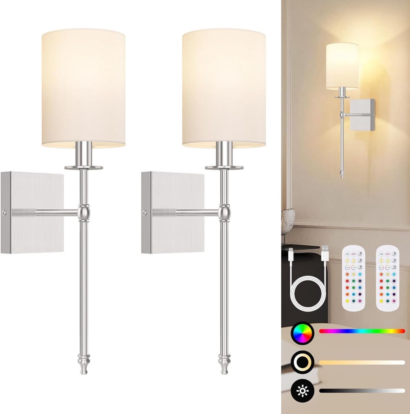 Set of 2 19.9 Inch Battery Operated Wall Sconces with Remote, Brushed Nickel Rechargeable Wireless