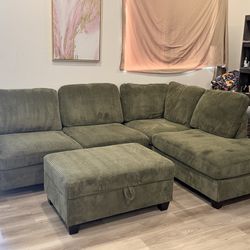 Cozy Green Sectional Sofa + Storage Ottoman