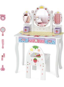 Kids Vanity Set with Mirror, 2 in 1 Princess Makeup Dressing Table w/Detachable Top for Toddler