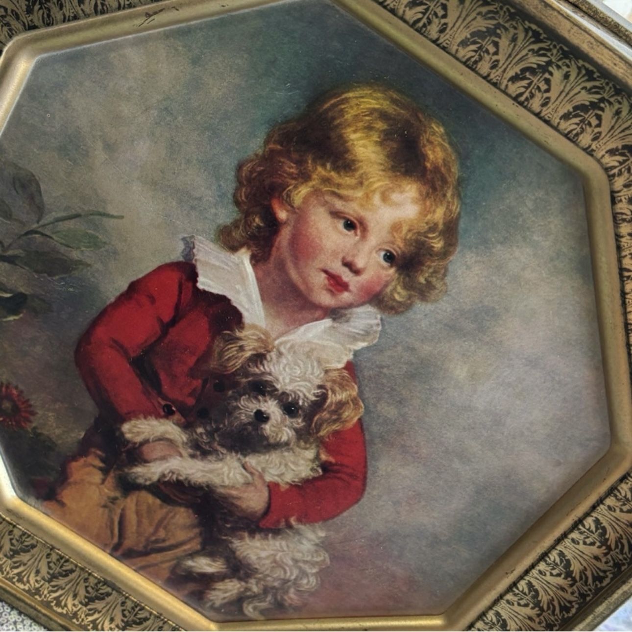 Original Vintage Decor Boy Girl Dog Art Print Cookie Cake Tin Candy Container Child Children Eclectic Kitsch Whimsical Cottage Deco Antique Style